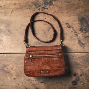 Anne Klein Cognac Brown Crocodile Embossed Faux Leather Slim Crossbody Bag
